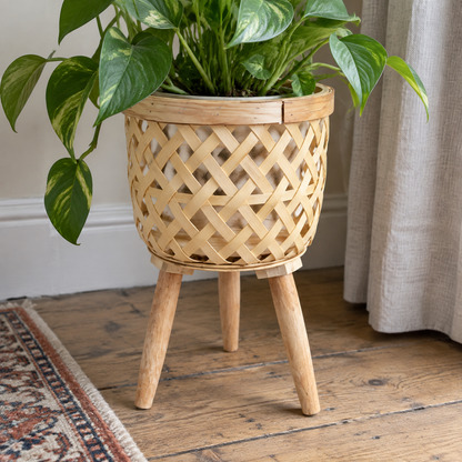 Elevated plant stand holding a potted houseplant on worn floorboards