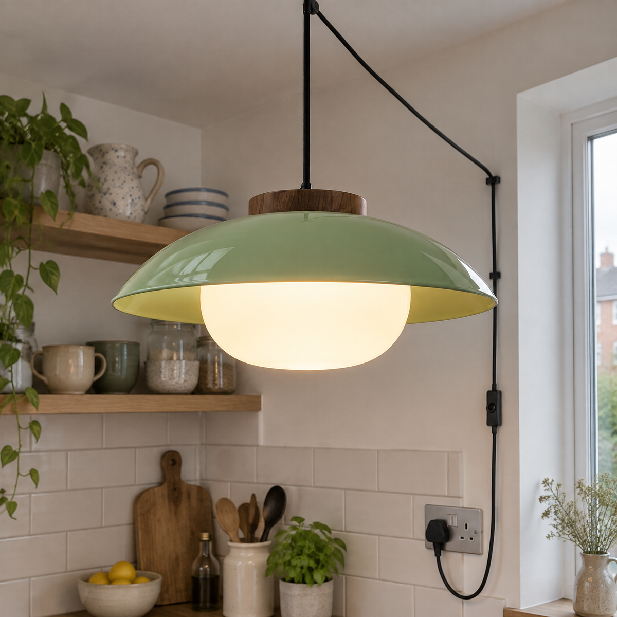 Minimalist plug-in pendant light hanging lit above a kitchen worktop