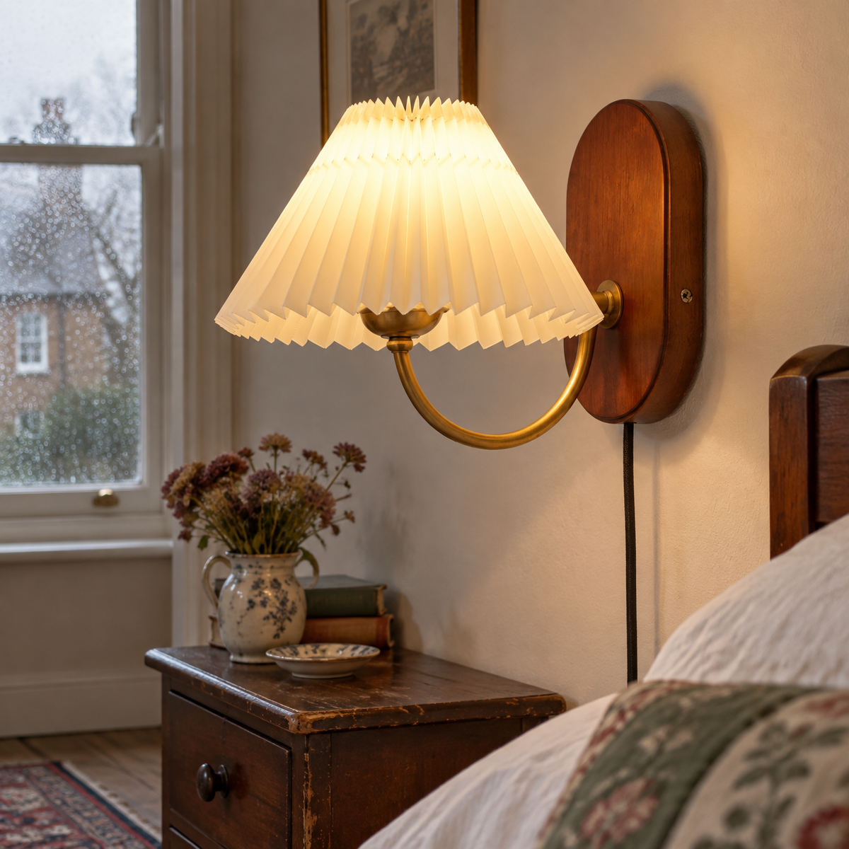 Fabric drum shade plug-in wall sconce above a mahogany bedside chest in a British guest bedroom, shade facing outward and downward, switched on