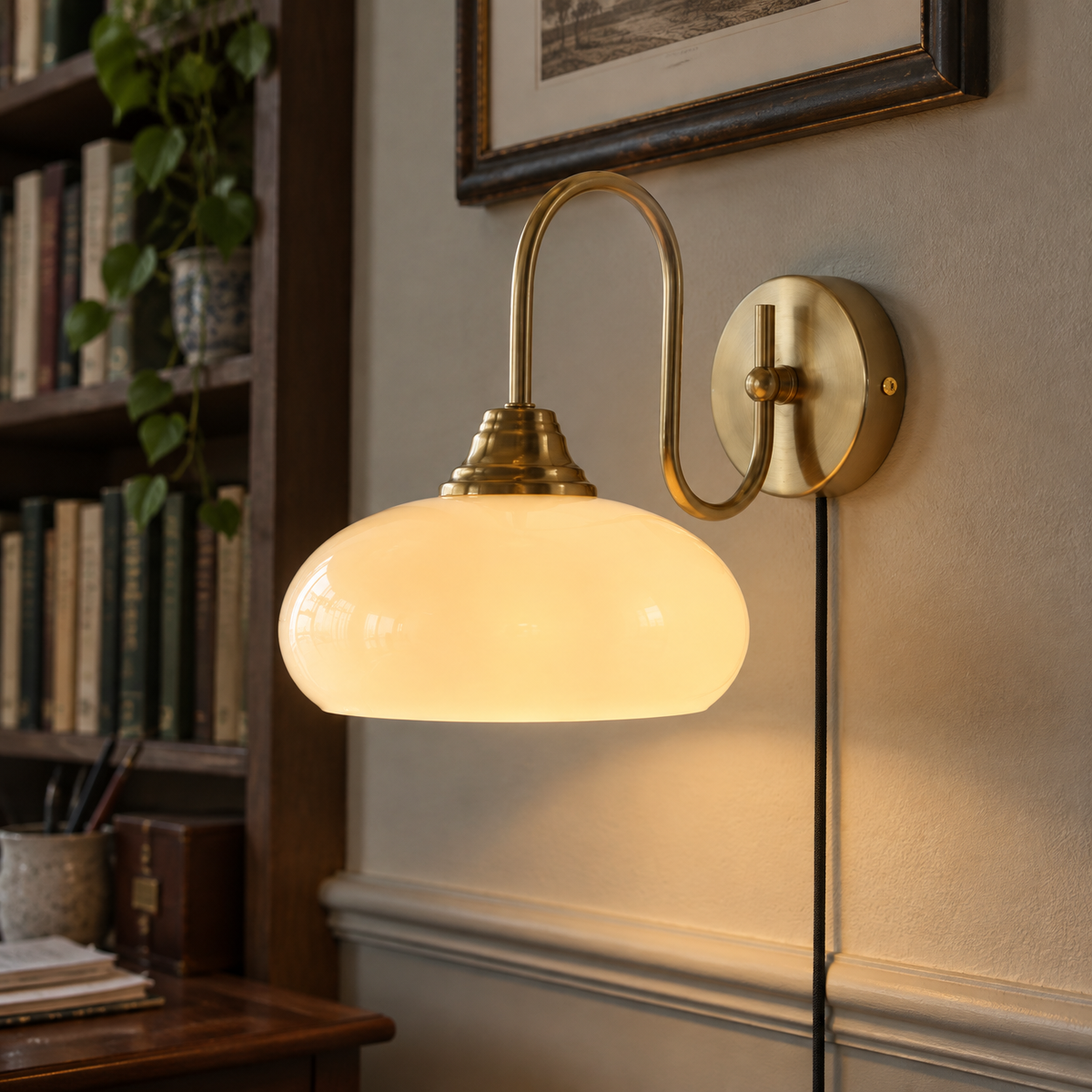 Mid century brass and glass globe plug-in wall sconce on a study wall beside a crowded bookshelf, lit warm against grey winter daylight