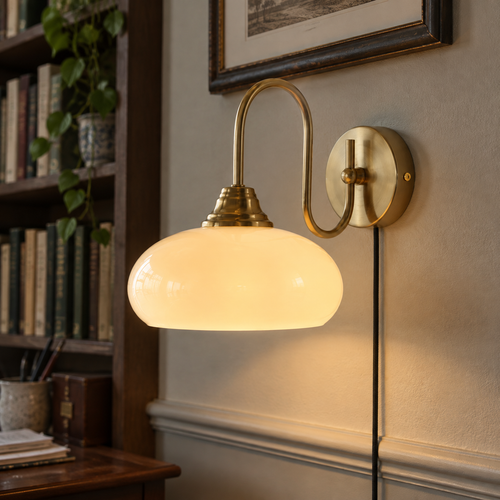 Mid century brass and glass globe plug-in wall sconce on a study wall beside a crowded bookshelf, lit warm against grey winter daylight