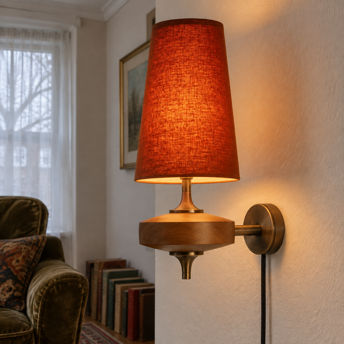 Wood and fabric mid century plug-in wall sconce in a British sitting room, wooden arm projecting from the wall below white cornicing, shade glowing warm