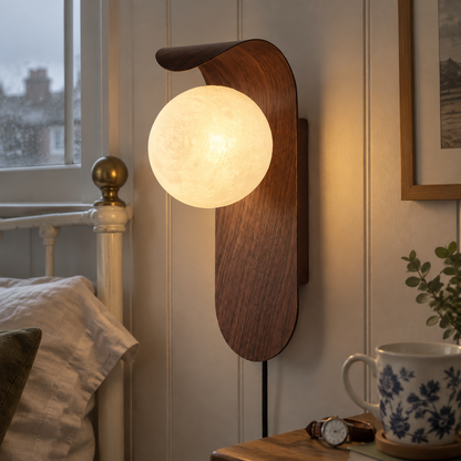 Wood and clear glass plug-in wall sconce beside an iron bedstead in a panelled British bedroom, flex running down the wall, shade lit warm