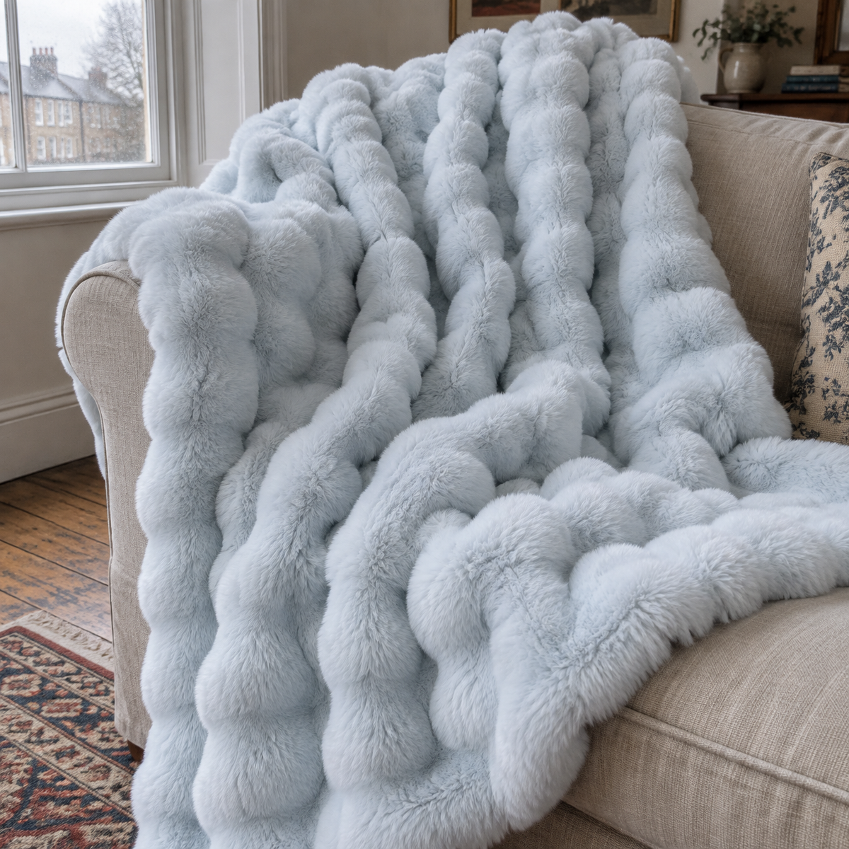 Plush faux fur throw blanket draped over the arm of a sofa in a British sitting room, long soft pile visible in close detail on a grey afternoon