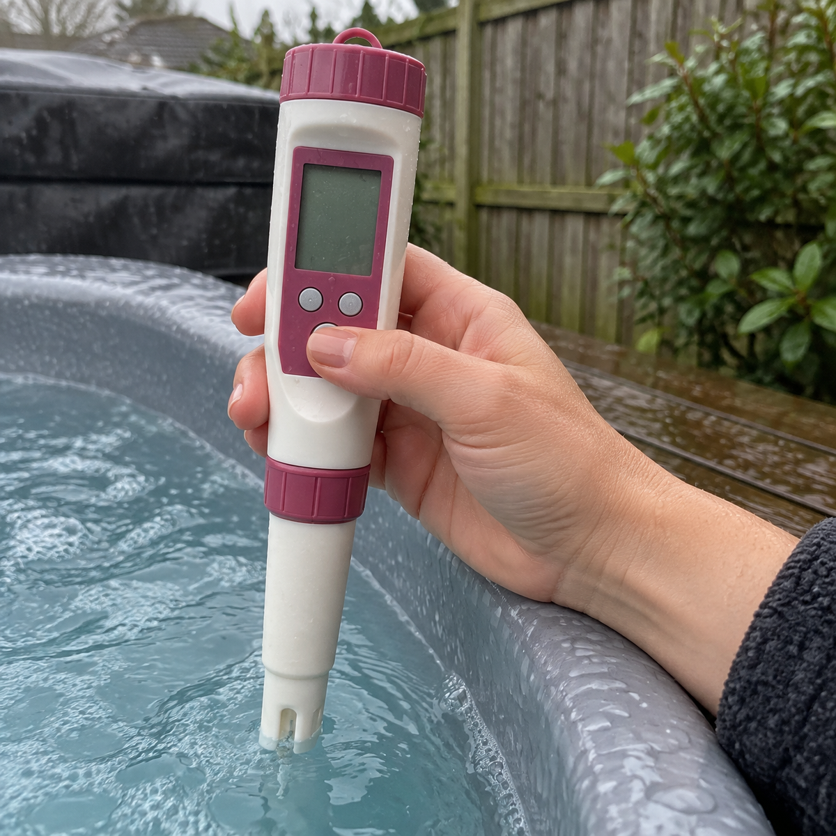 7 in 1 digital pool water tester held in a hand at the edge of a back garden hot tub, probe dipped into the water on a grey British morning