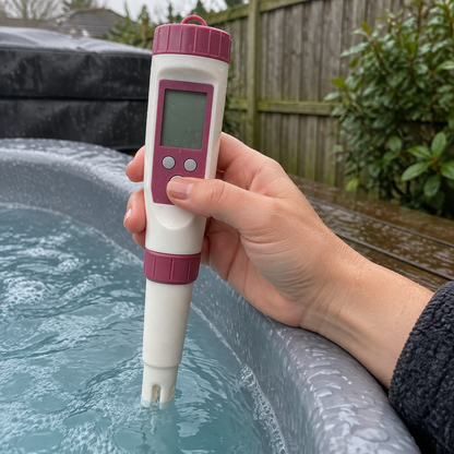 7 in 1 digital pool water tester held in a hand at the edge of a back garden hot tub, probe dipped into the water on a grey British morning
