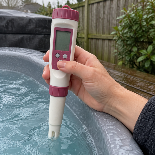 7 in 1 digital pool water tester held in a hand at the edge of a back garden hot tub, probe dipped into the water on a grey British morning