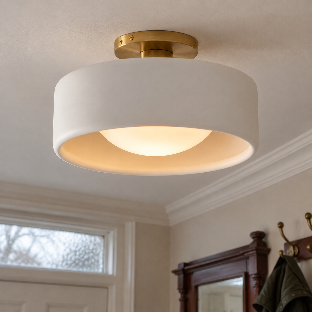 White porcelain semi flush mount ceiling light fixed close to the ceiling in a British hallway, shade facing downward and glowing warm on a misty morning