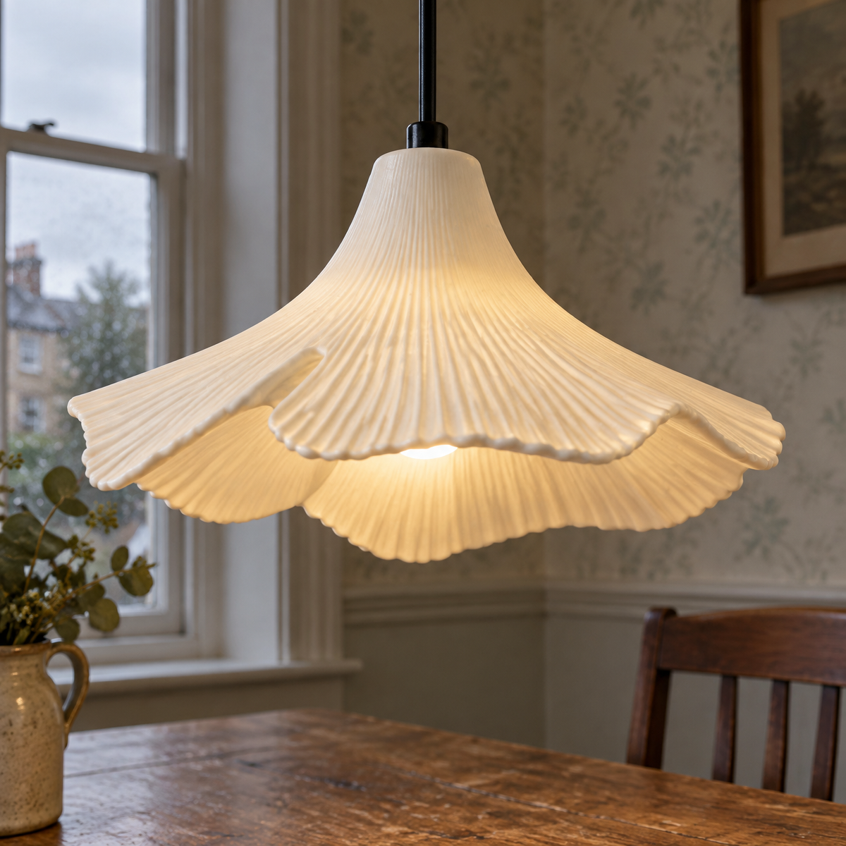 Porcelain ginkgo leaf pendant light hanging straight down from its cord over an old oak dining table in a British dining room, lit warm on a drizzly afternoon
