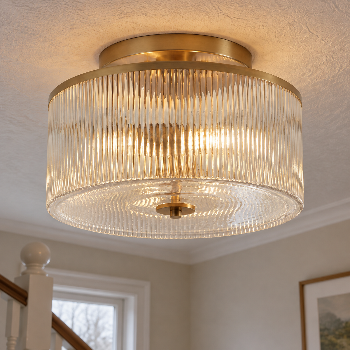 Porcelain flush mount ceiling lamp fitted tight against the ceiling above a British landing and bannister, diffuser facing downward and softly lit