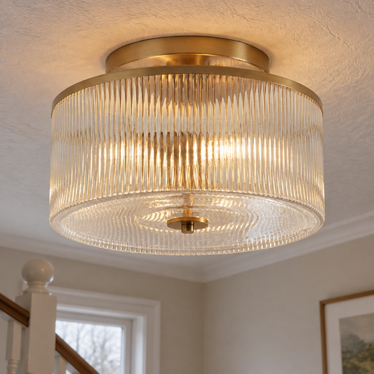 Porcelain flush mount ceiling lamp fitted tight against the ceiling above a British landing and bannister, diffuser facing downward and softly lit