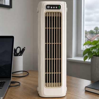 Portable battery air cooler standing upright on a home office desk beside a laptop, grille facing into the room on a humid overcast afternoon