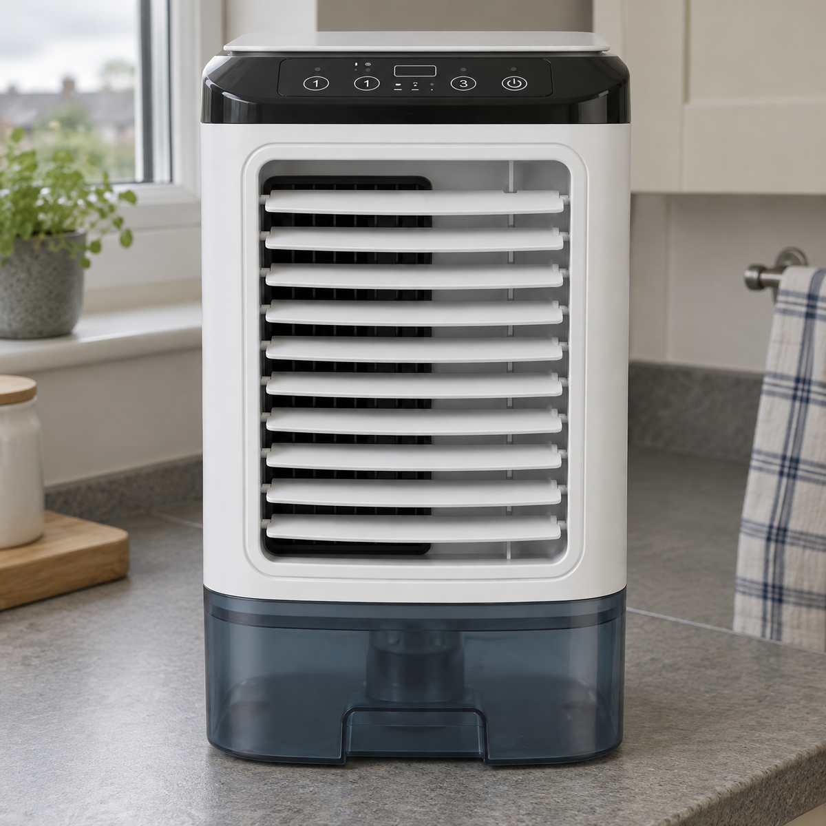 Three speed desk air cooler standing upright on a kitchen worktop in a modern British kitchen, front grille and control buttons shown in close detail