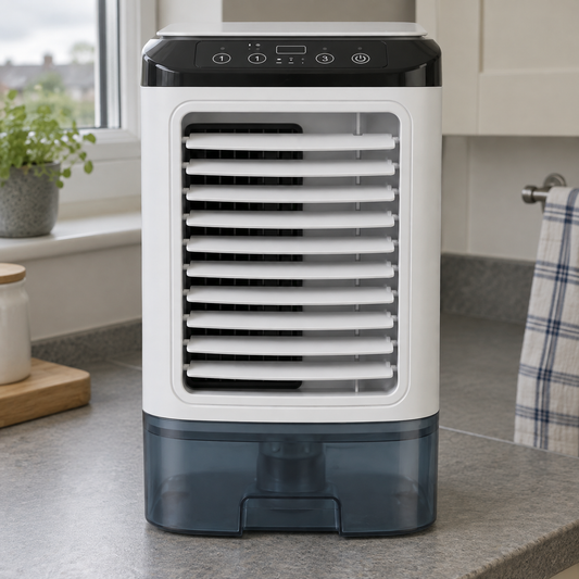 Three speed desk air cooler standing upright on a kitchen worktop in a modern British kitchen, front grille and control buttons shown in close detail