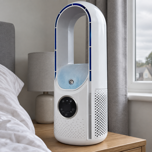 Blade free silent portable air conditioner standing on a bedside chest in a British bedroom, outlet facing into the room on a sticky overcast morning