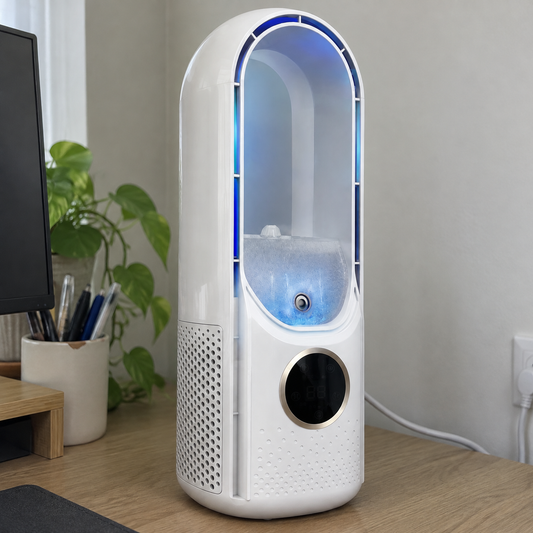 Blade free bladeless portable air cooler standing upright on a desk in a British home office, loop opening facing forward on a close humid day