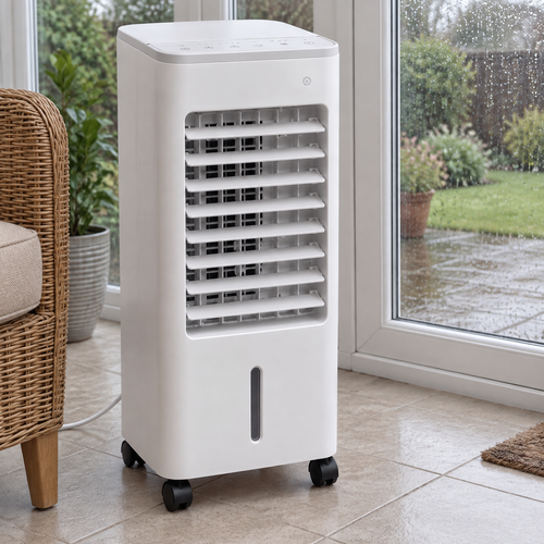 Three in one portable air cooler, fan and humidifier standing upright on a conservatory floor beside a rattan chair on a muggy drizzly afternoon