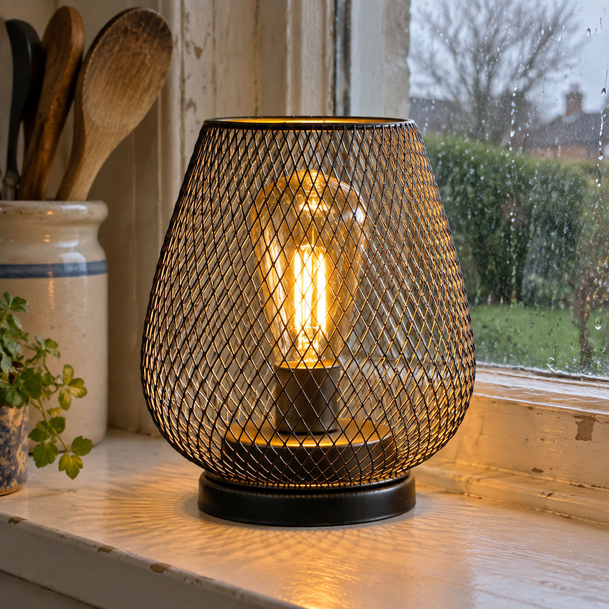 Wireless cordless LED portable table lamp standing upright on a kitchen windowsill beside a rain streaked pane, switched on to a warm glow