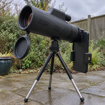 Portable stargazing telescope set up on its tripod on damp patio paving in a British back garden under heavy grey cloud