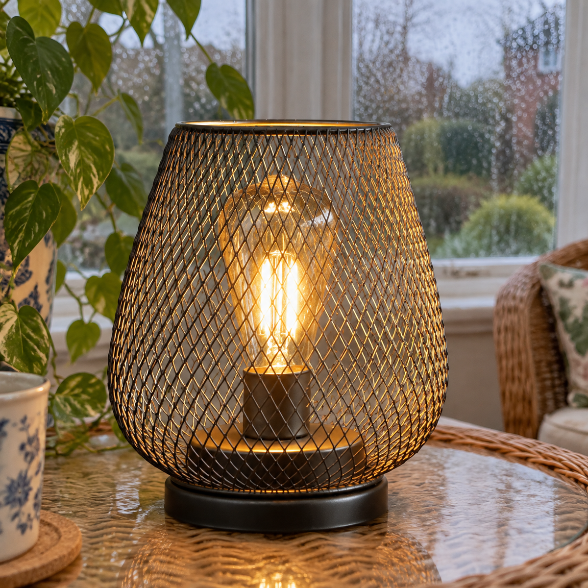 Cordless rechargeable portable table lamp switched on and standing upright on a conservatory side table