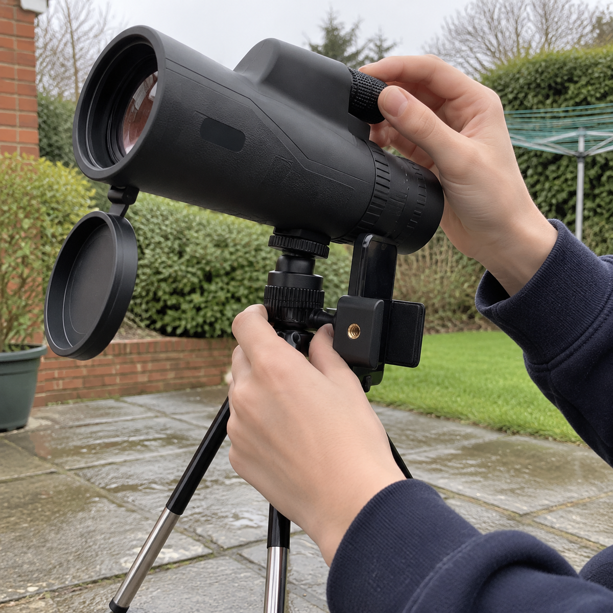 Portable astronomy telescope standing on its tripod on a garden patio with hands adjusting the focus knob