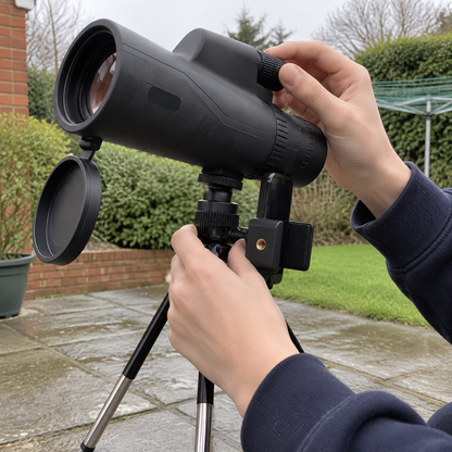 Portable astronomy telescope standing on its tripod on a garden patio with hands adjusting the focus knob