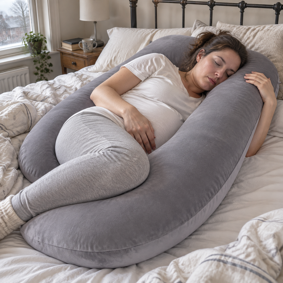 U-shaped full body pregnancy pillow on a bed with a pregnant woman resting on her side against it