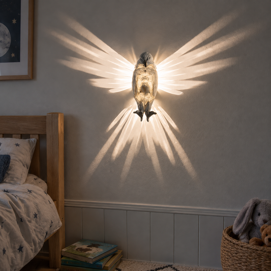 LED animal projector wall lamp fixed to a child's bedroom wall and switched on, glowing softly