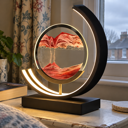 LED moving sand quicksand table lamp standing lit on a bedside table beside a paperback