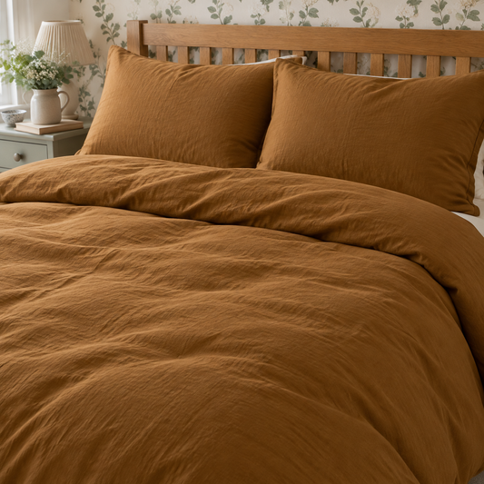 Patterned quilt cover and matching pillowcases made up on a bed against a wooden headboard