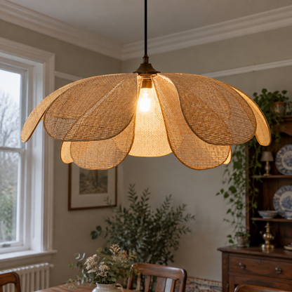 Petal-shaped woven rattan pendant light hanging lit in a dining room with a mahogany dresser behind