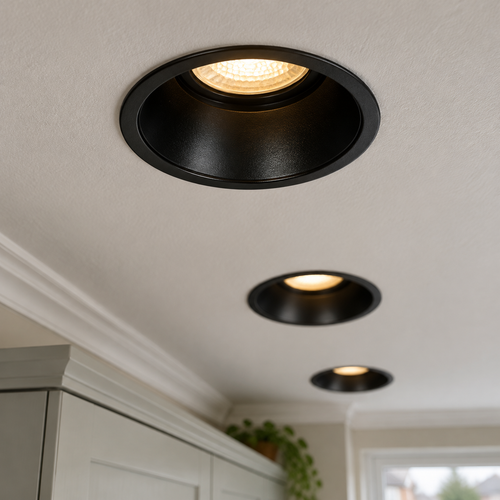 Black GU10 recessed spotlights fitted flush in a kitchen ceiling and switched on