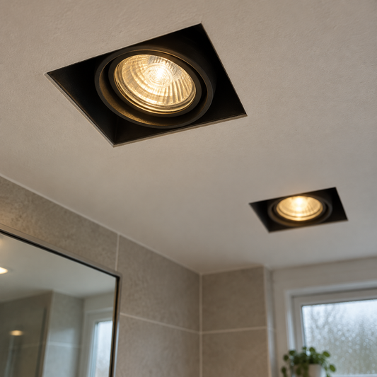 Black trimless GU10 recessed spotlights set flush into a plastered bathroom ceiling
