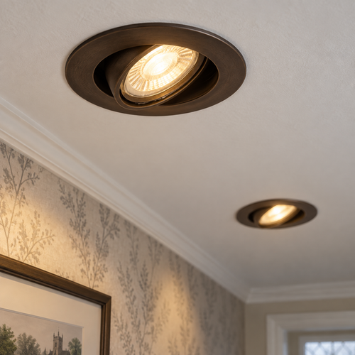 Dark bronze tiltable recessed spotlights angled in a hallway ceiling to wash the wall