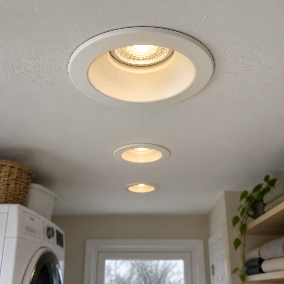 White GU10 recessed spotlights fitted flush into a utility room ceiling and switched on