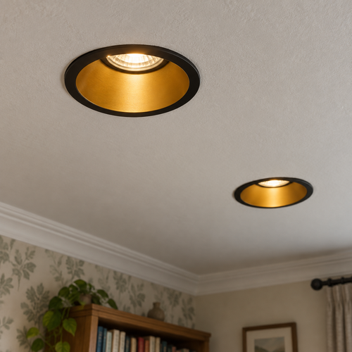 Black and gold GU10 recessed spotlights set into a sitting room ceiling beside the cornicing