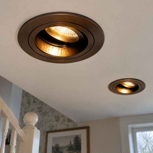 Dark bronze adjustable recessed spotlights angled in a stairwell ceiling above a painted banister