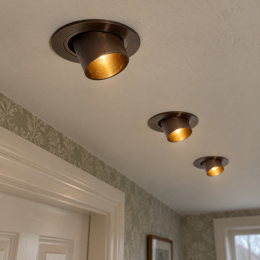 Small 35mm dark bronze GU10 downlights in a row in a landing ceiling, switched on
