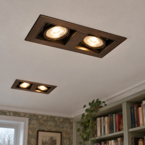 Rectangular dark bronze twin recessed spotlights in a study ceiling above a crowded bookshelf