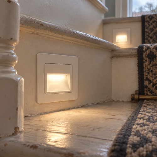 Mini LED recessed stair step light with motion sensor washing light across painted staircase treads