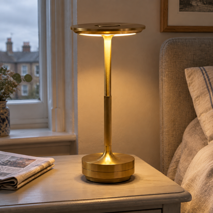Rechargeable cordless aluminium dish table lamp lit on a bedside table beside a sash window