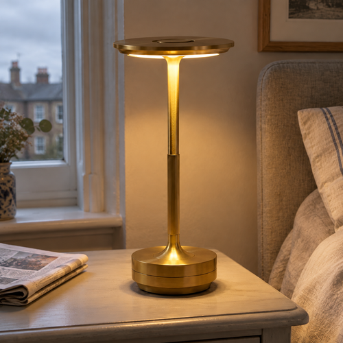 Rechargeable cordless aluminium dish table lamp lit on a bedside table beside a sash window