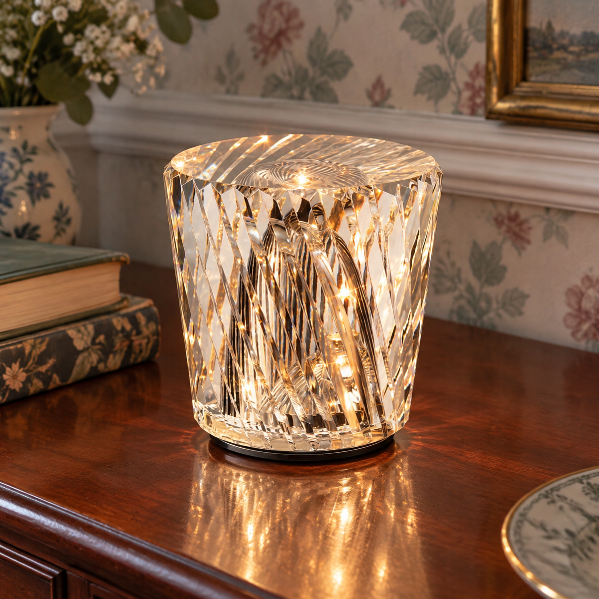 Rechargeable cordless crystal glass table lamp glowing on a mahogany dresser in a dining room