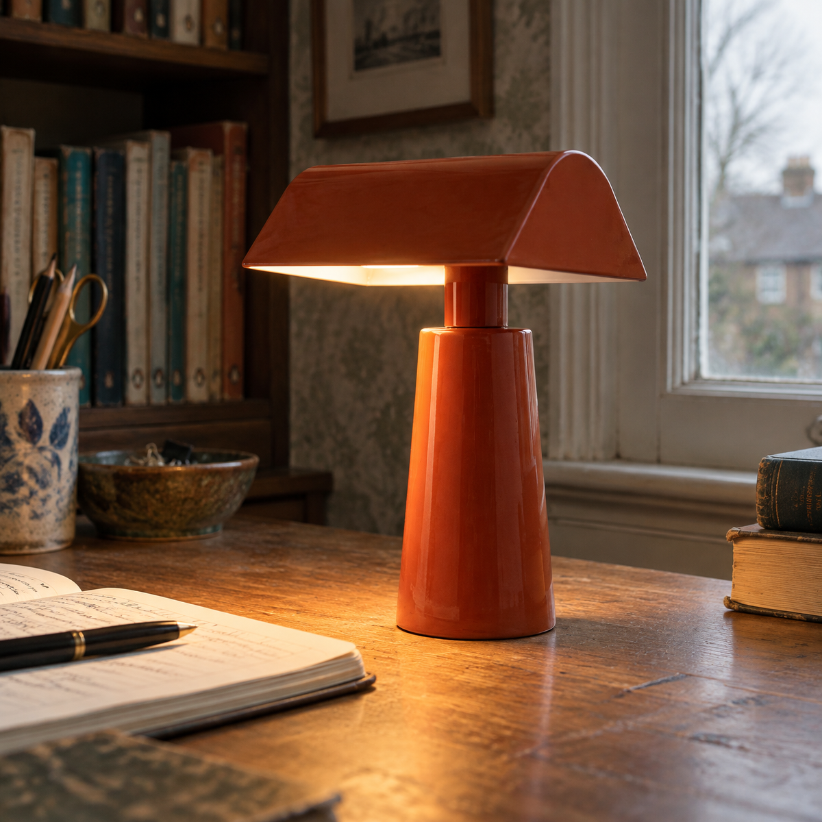 Cordless minimalist rechargeable desk lamp lit on a scuffed wooden desk beside an open notebook