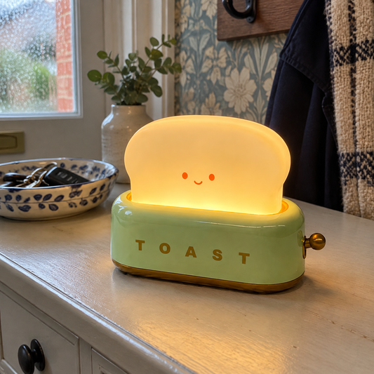 Cordless resin night light table lamp glowing on a hallway console table beside a bowl of keys