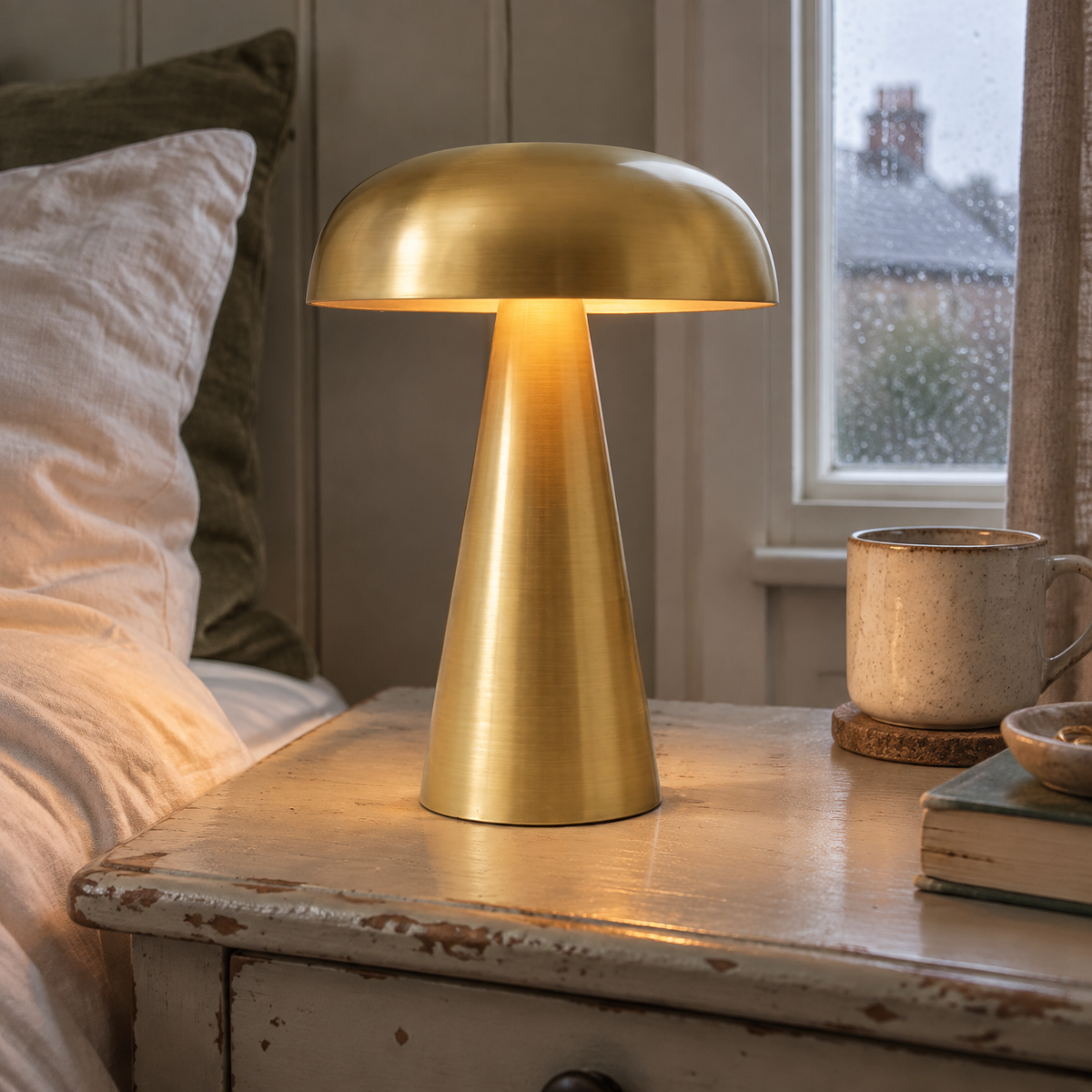 Minimalist rechargeable bedside table lamp switched on next to a rumpled linen pillow