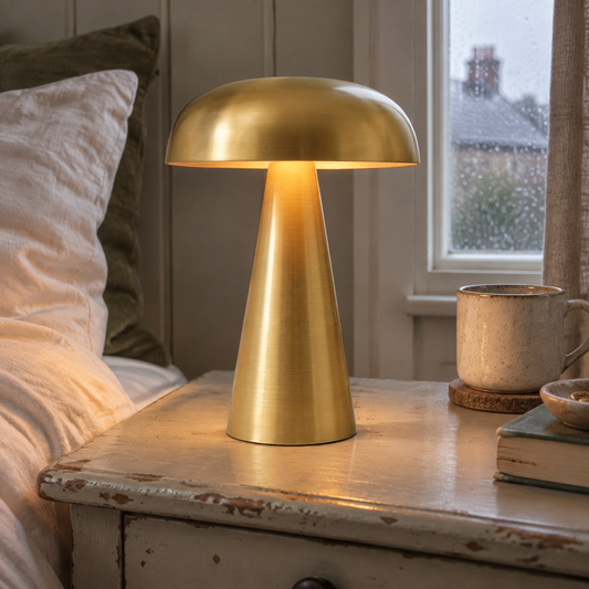 Minimalist rechargeable bedside table lamp switched on next to a rumpled linen pillow