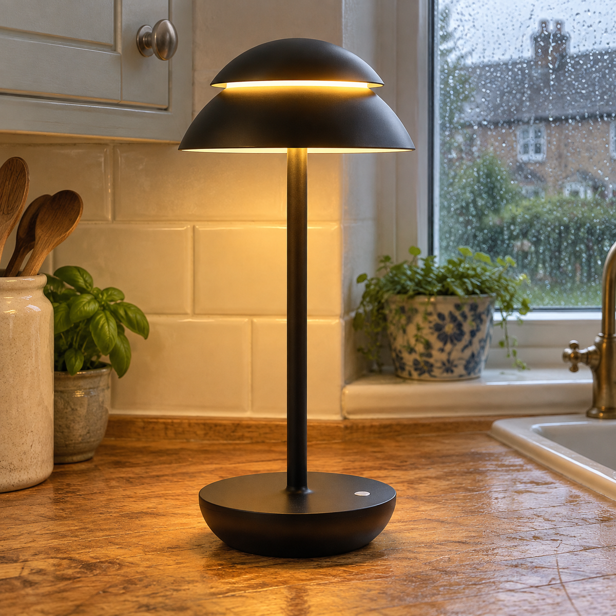 Modern wireless touch table lamp lit on a kitchen worktop with rain on the window behind
