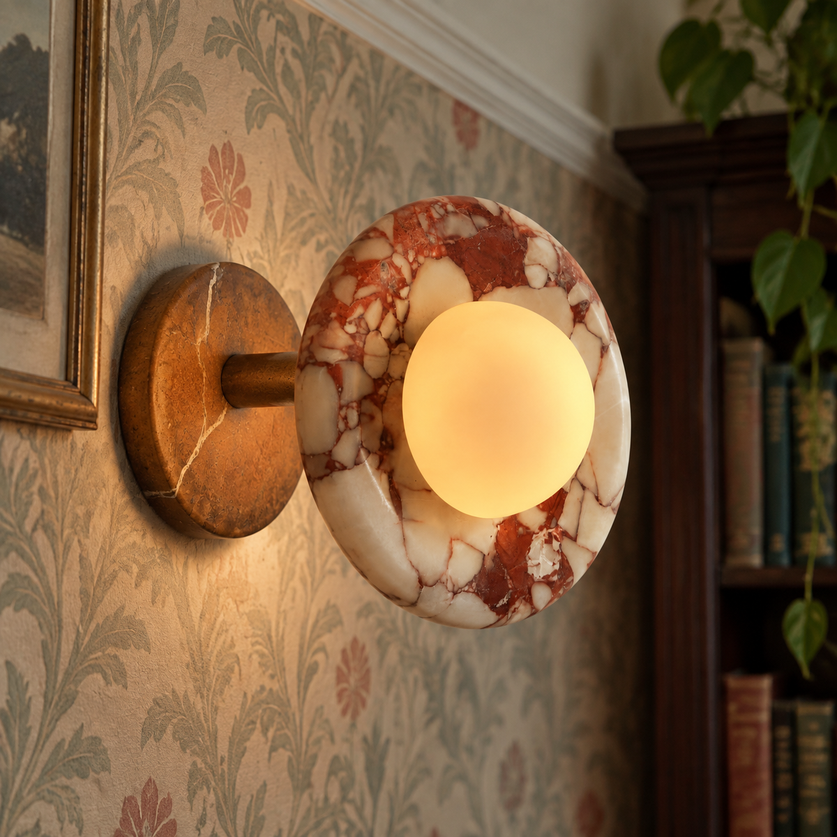 Red marble wall sconce lit on a papered sitting room wall below the picture rail