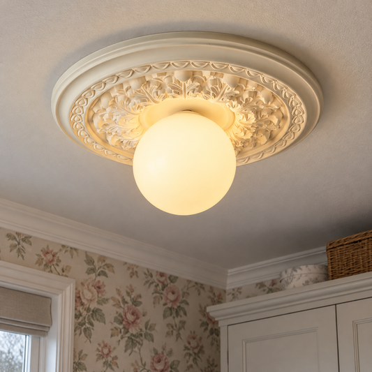Floral resin flush mount ceiling light lit against a bedroom ceiling beside floral wallpaper